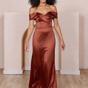 Revelry Bardot Satin Dress in Terracotta Rust